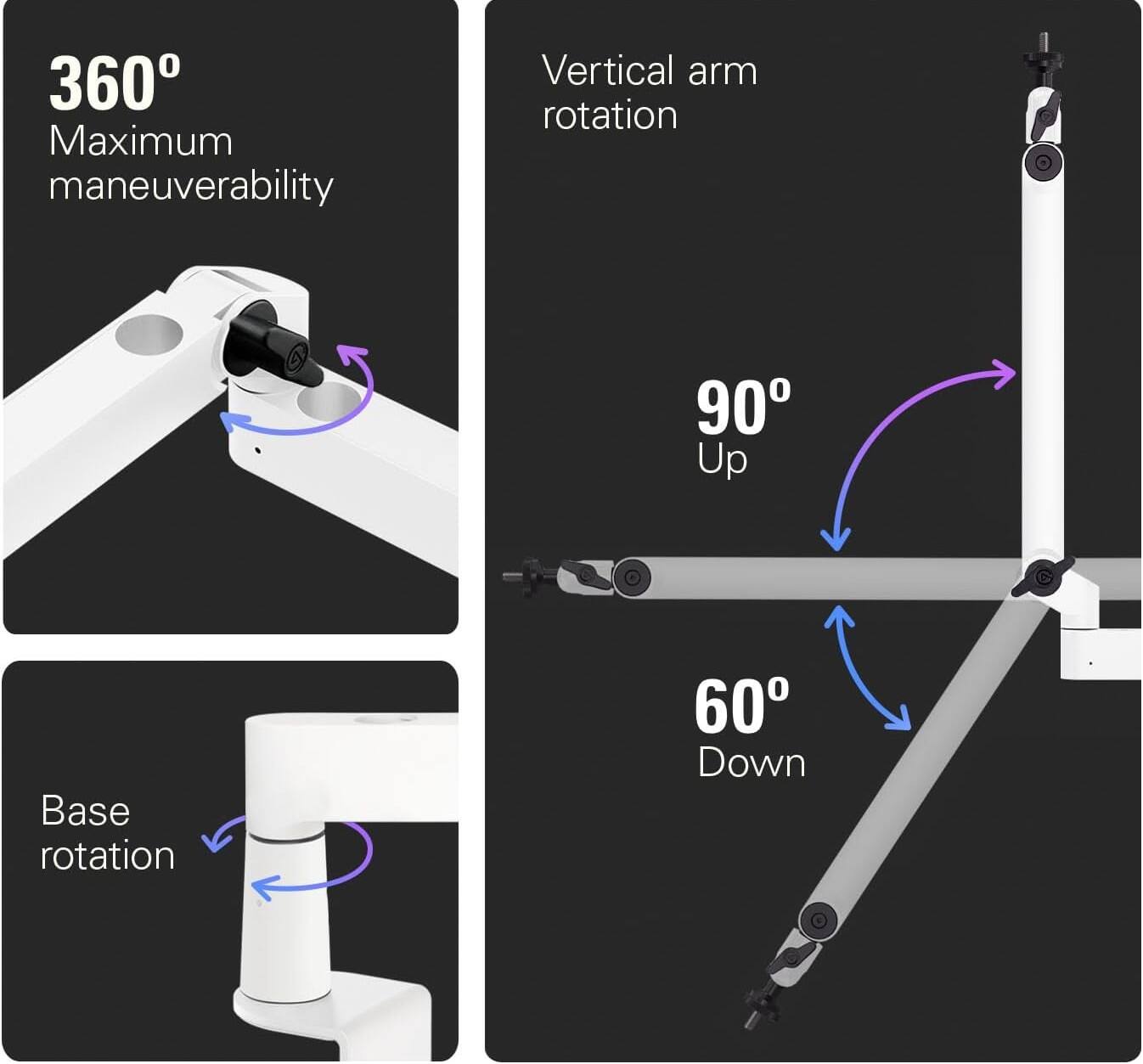 360° Maximum maneuverability  
Vertical arm rotation 90° Up  
Base rotation 60° Down