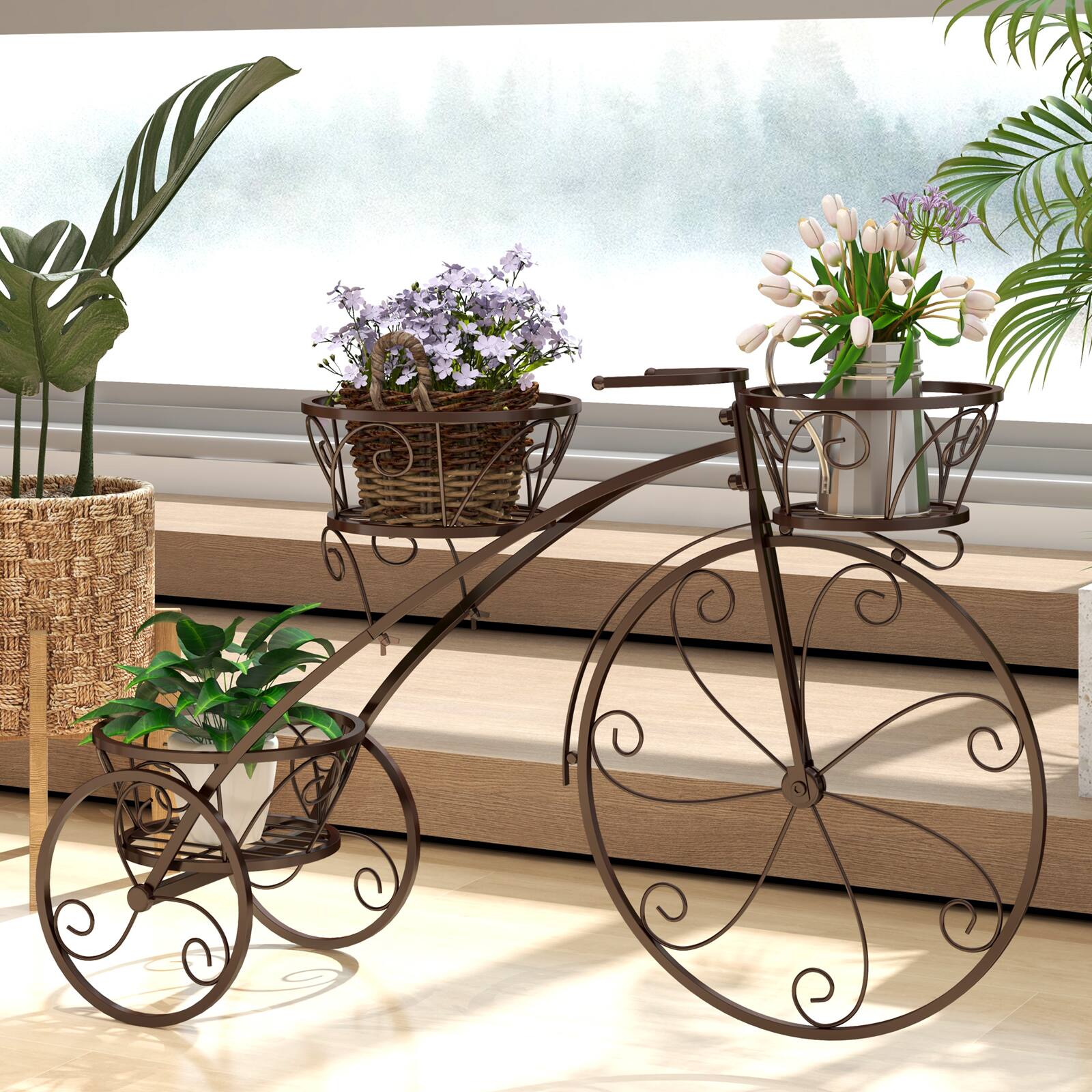 Alt View 3. Gymax - Gymax 3-Tier Bicycle Plant Stand w/ Hollowed Baskets Metal Flower Pot Cart Holder Bronze - Bronze.