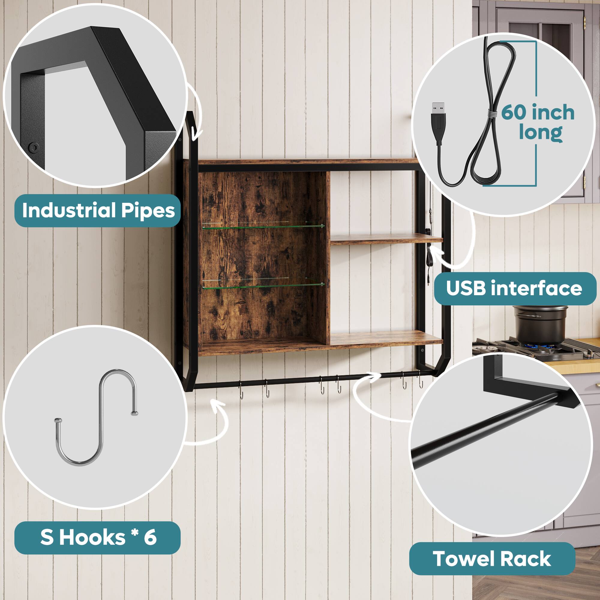 - Industrial Pipes
- USB interface (60 inch long)
- S Hooks * 6
- Towel Rack
