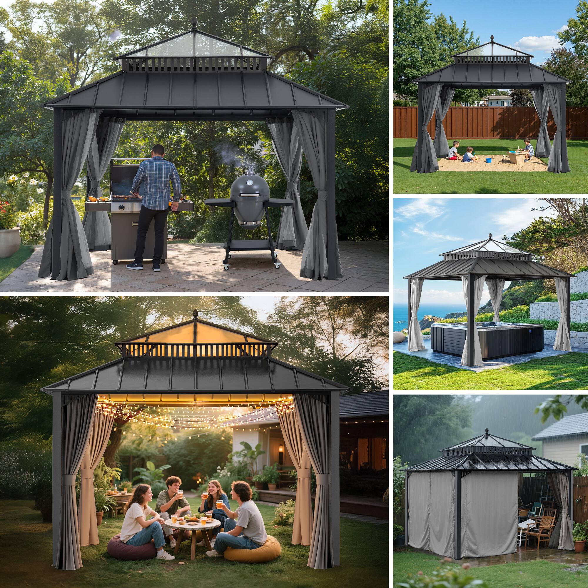 Alt View 10. SUNJOY - SUNJOY Kingston 12x12 Gazebo, Steel & PC Roof Hardtop Gazebo with Curtain and Netting - Gray Aluminum Posts - Grey.