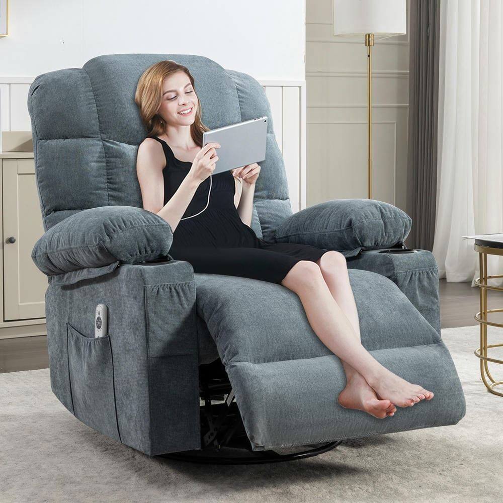 Alt View 6. Kadyn - Massage Rocker Recliner Chair, 8-Point Vibration & Heat, 150° Recline, USB Port, Cup Holders, Blue - Blue.