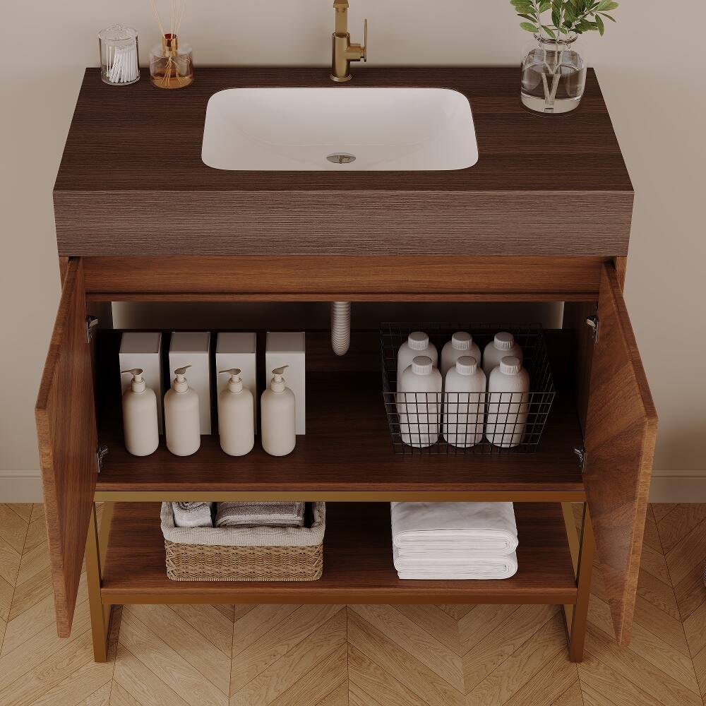 Back. Loheer - Loheer 29.9 inch modern freestanding bathroom vanity with Ceramic Sink Brown Oak - Brown.