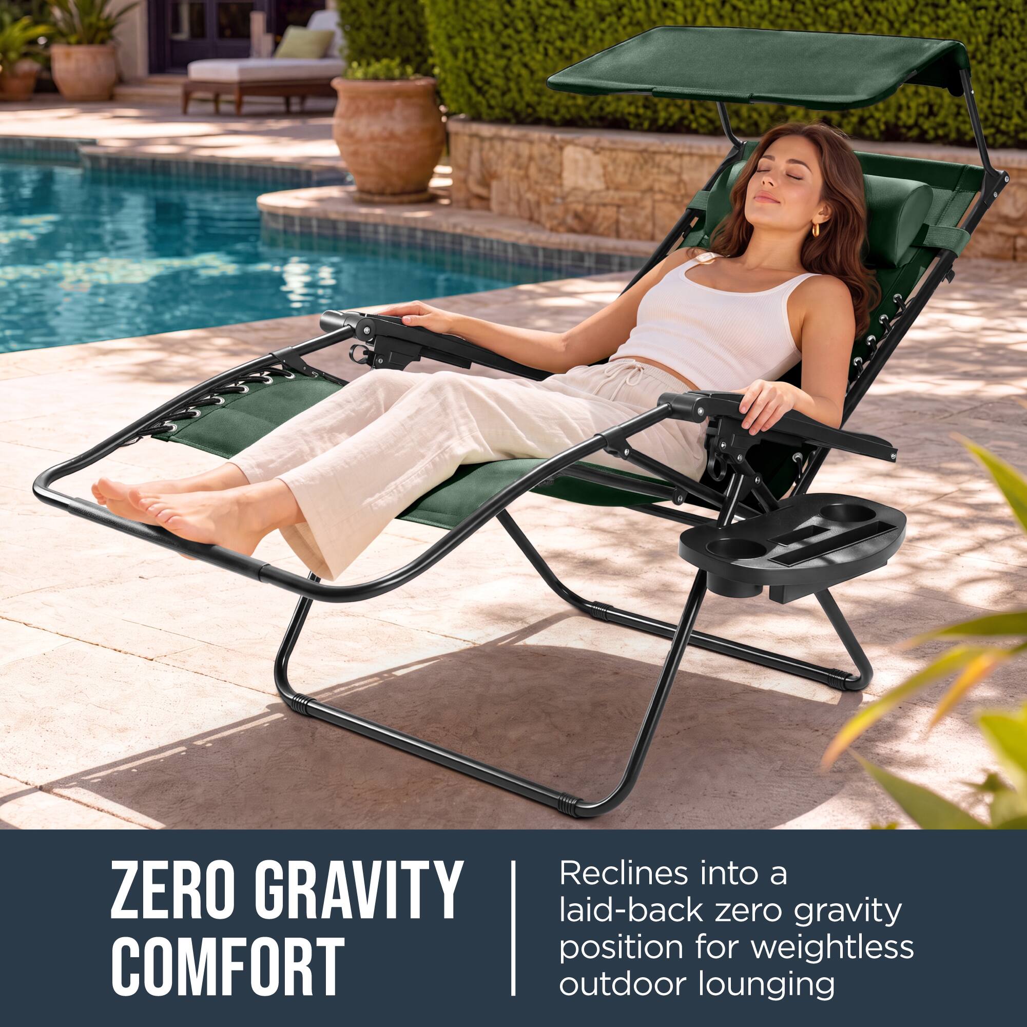 Reclines into a ZERO GRAVITY laid-back zero gravity position for weightless COMFORT outdoor lounging