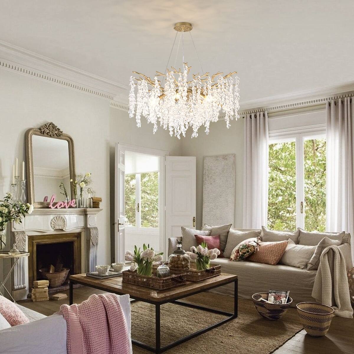 Left. Loheer - Loheer 10-Light Crystal Chandelier Gold Modern Farmhouse Ceiling Light for Dining Room or Kitchen Island.