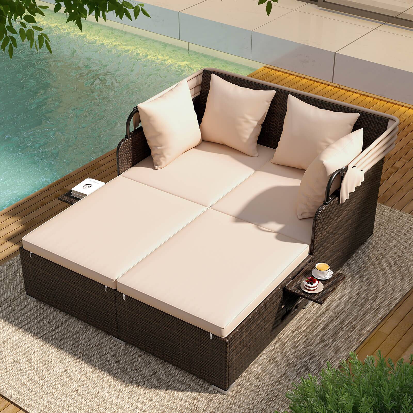 Alt View 3. Costway - Costway Patio Rattan Daybed Lounge Retractable Top Canopy Side Tables Cushions - Mix Brown + Beige.