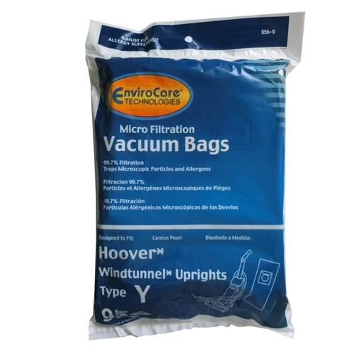 ALLERGY AMUST FOR SUFFERERS  
EnviroCare TECHNOLOGIES  
Micro Filtration Vacuum Bags  
99.7% Filtration Traps Microscopic Particles and Allergens  
Filtración 99.7% Particulas et Allergenes Microscopiques de Plages  
99.7% Filtración Particulas Alérgenicos Microscópicos de los Desvios  
Designed to Fit  
Conçu Pour:  
Diseñado a Medida:  
Hoover* Windtunnel* Uprights  
Type Y  
9