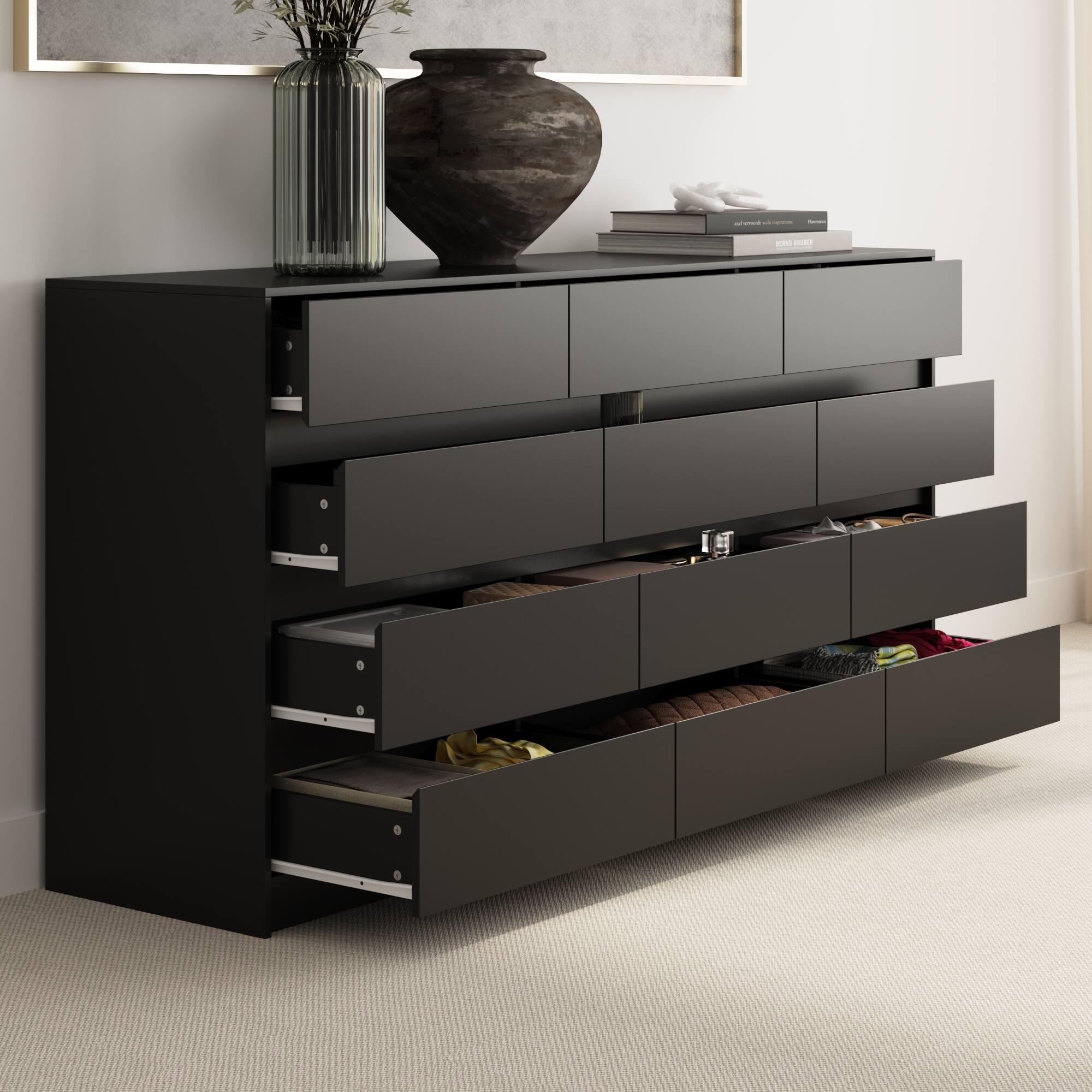 Alt View 2. Famapy - Famapy Horizontal 12 - Drawer Dresser: Arched - Front & Hidden - Handle Chest of Drawers - Black.