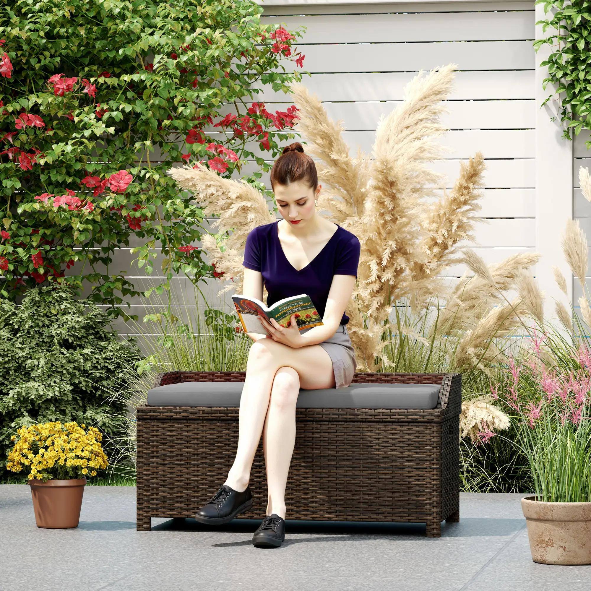 Left. Resenkos - Resenkos Wicker Bench with Storage & Cushion, Outdoor Seating, Storage Bench with Cushion for Patio Deck,Gray - Gray.