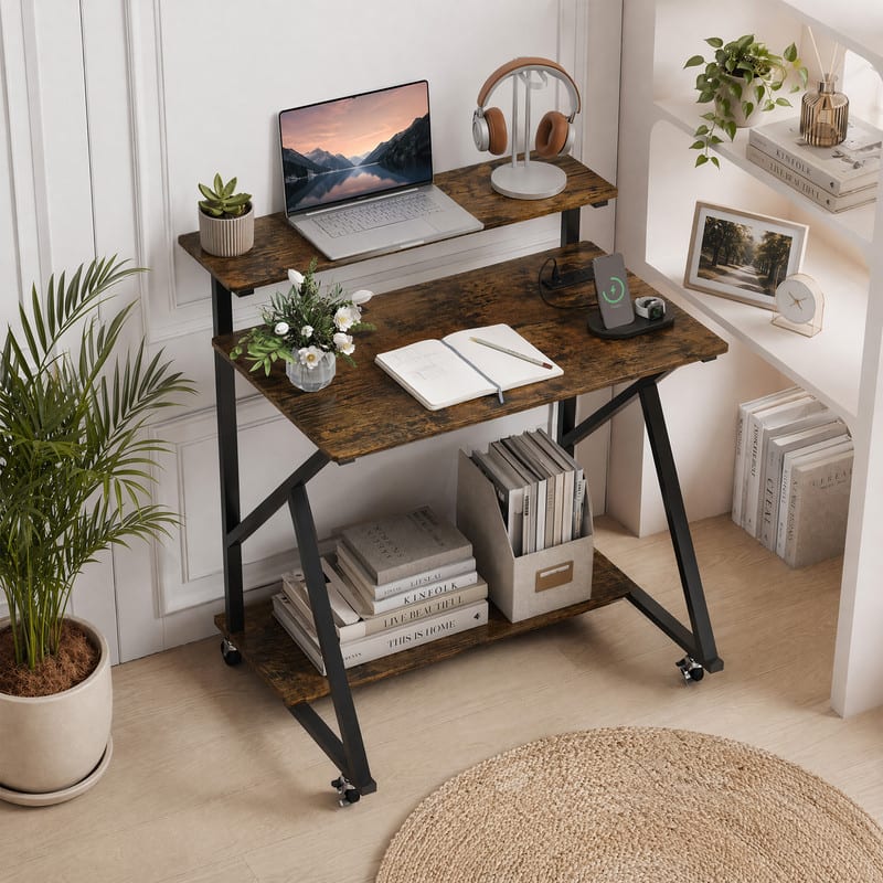"WELLFOR - 32"" Rolling Computer Desk with Charging Station, Mobile Laptop PC Work Table with Storage Shelf for Small Spaces - Rustic Brown" price history on PriceWatchPro