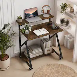WELLFOR - 32" Rolling Computer Desk with Charging Station, Mobile Laptop PC Work Table with Storage Shelf for Small Spaces - Rustic Brown
