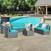 Costway 8 PCS Wicker Sofa Rattan Furniture Set Patio Furniture w/ Storage Table - Turquoise - Front_Zoom