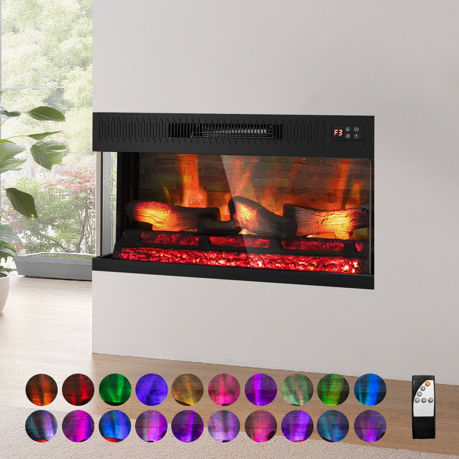 Alt View 4. Winado - 36"  Electric Fireplace Insert, 1-2-3 Sided View, Heater 1400W, Multi-color 20-color flame/Fake wood/heating wire - Black.