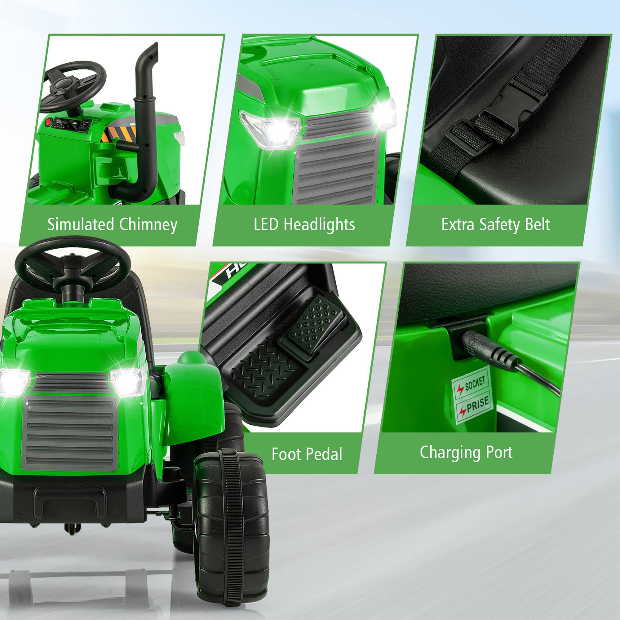 - Simulated Chimney
- LED Headlights
- Extra Safety Belt
- Foot Pedal
- Charging Port