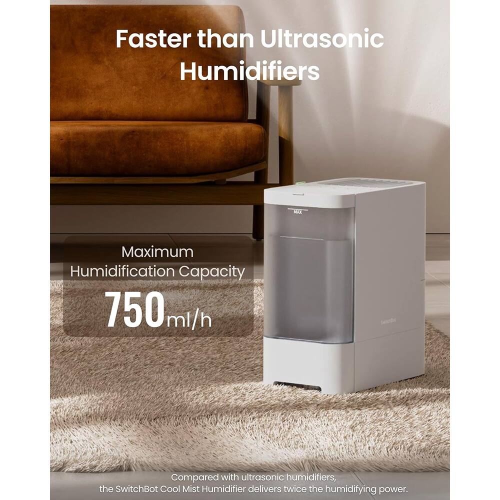 Faster than Ultrasonic Humidifiers

Maximum Humidification Capacity 750 ml/h

Compared with ultrasonic humidifiers, the SwitchBot Cool Mist Humidifier delivers twice the humidifying power.