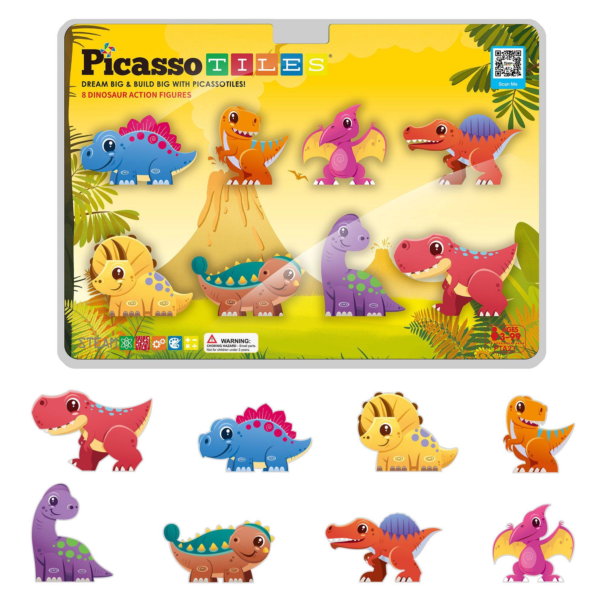 PicassoTiles - PICASSO-TILES Magnetic Tiles for Kids, Dinosaur Animal Theme STEM Building Blocks Educational Toy, 8PCS - Multicolor
