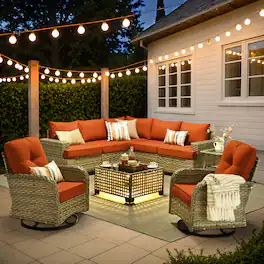 Ovios - 9 PCS Patio Furniture Set, Wicker Sectional Sofa with Swivel Chair, Side Table & Solar Table - Orange