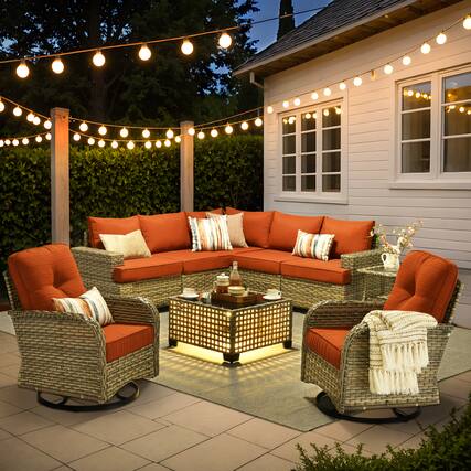 Front. Ovios - 9 PCS Patio Furniture Set, Wicker Sectional Sofa with Swivel Chair, Side Table & Solar Table - Orange.