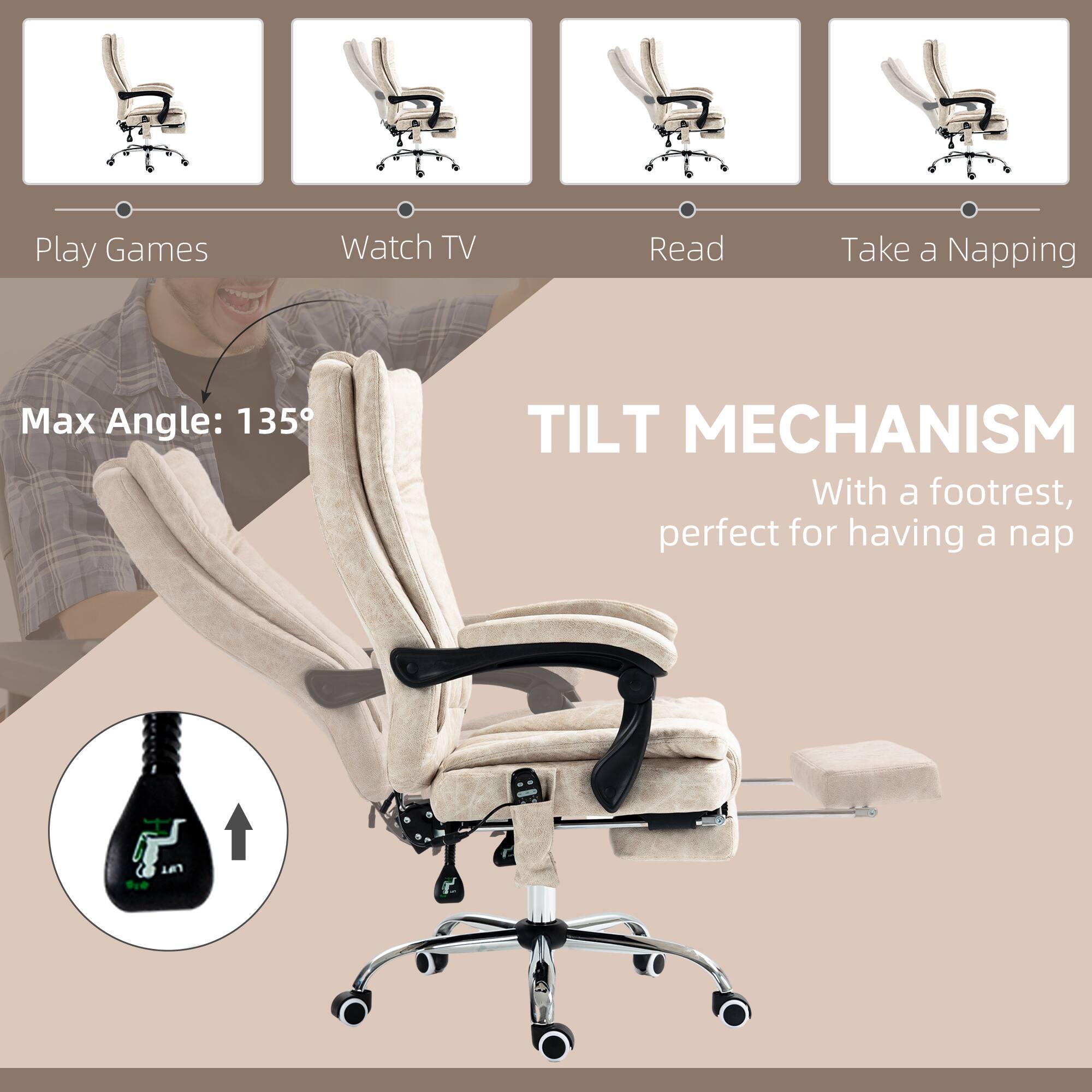 Play Games, Watch TV, Read, Take a Napping, Max Angle: 135°, TILT MECHANISM, With a footrest, perfect for having a nap, LIFT