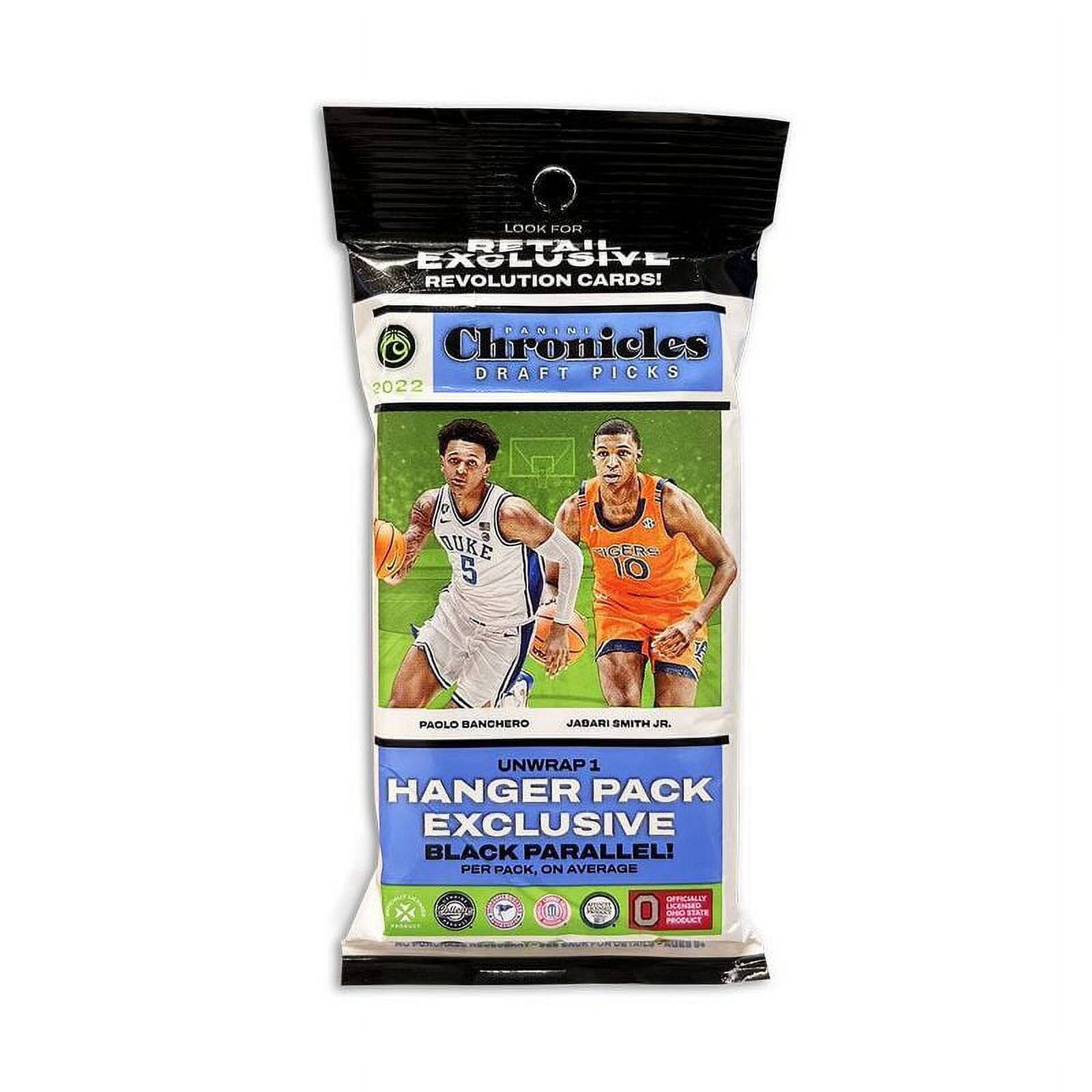 LOOK FOR RETAIL EXCLUSIVE REVOLUTION CARDS!  
PANINI Chronicles DRAFT PICKS 2022  
2 OUKE 5 GERS 10 PAOLO BANCHERO JADARI SMITH JR.  
UNWRAP 1 HANGER PACK EXCLUSIVE BLACK PARALLEL!  
PER PACK, ON AVERAGE 10U S4S SFERNALIT KENMU PRODUY