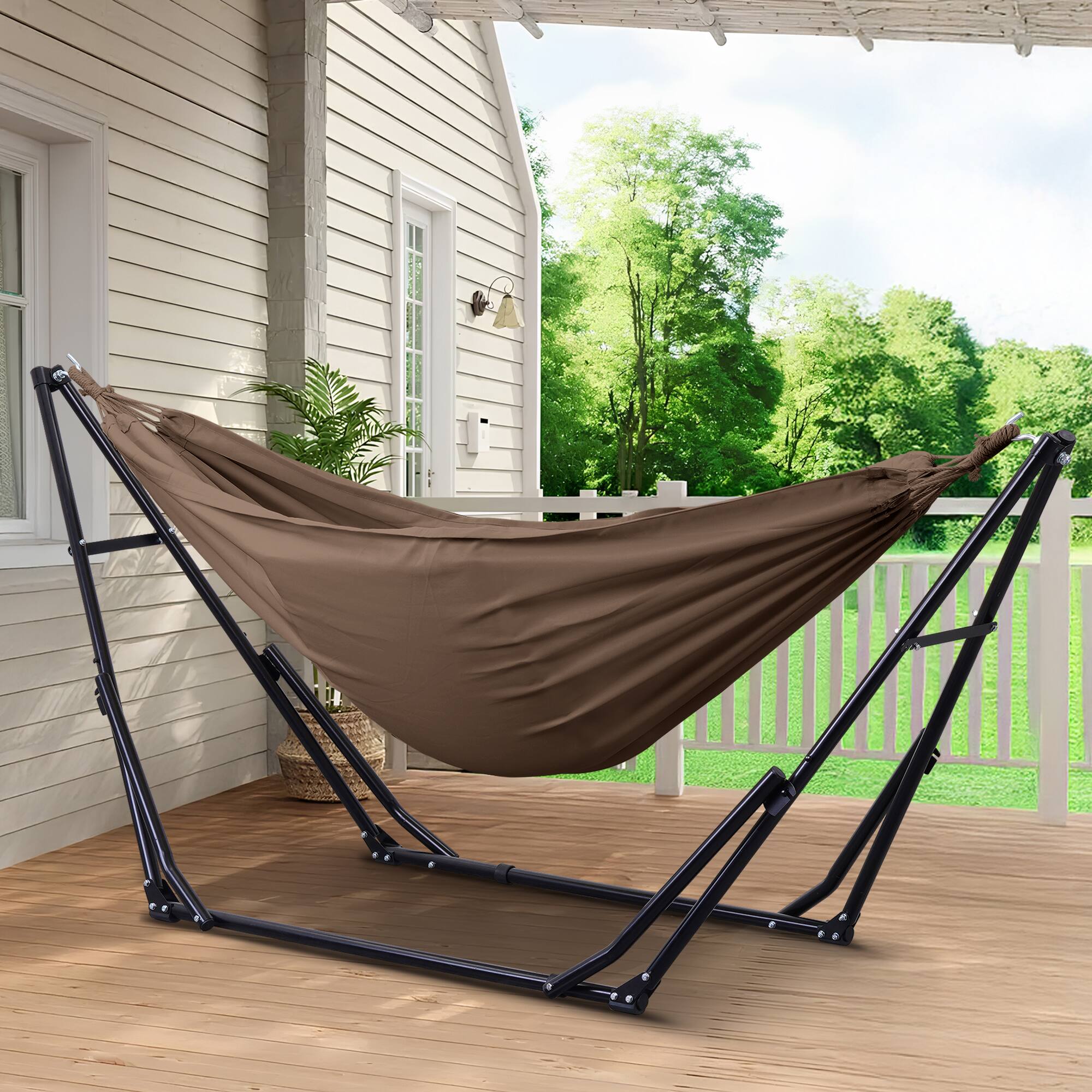 Left. Ainfox - Foldable Hammock with Stand, 2-in-1 Hammock Swing Chair for Outdoor Patio, Portable Heavy Duty with Carrying Bag - Coffee.