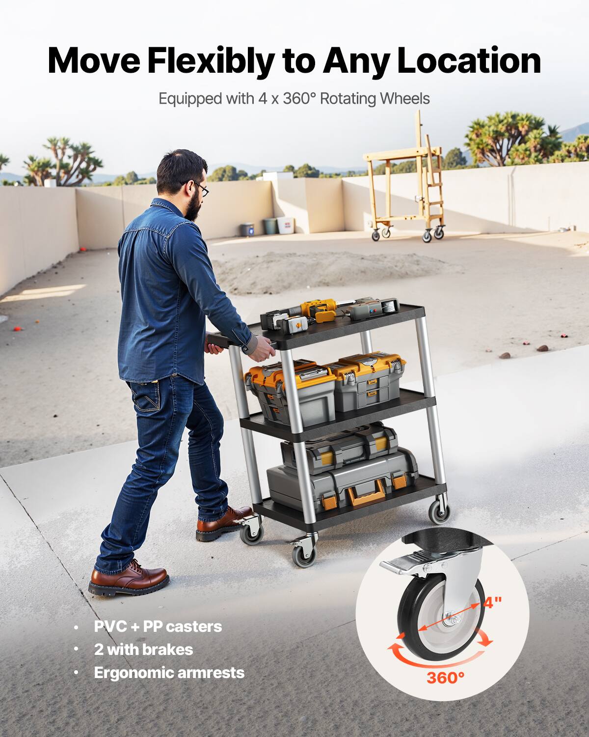 Move Flexibly to Any Location, Equipped with 4 x 360° Rotating Wheels, PVC + PP casters, 2 with brakes, Ergonomic armrests, 360° 4"