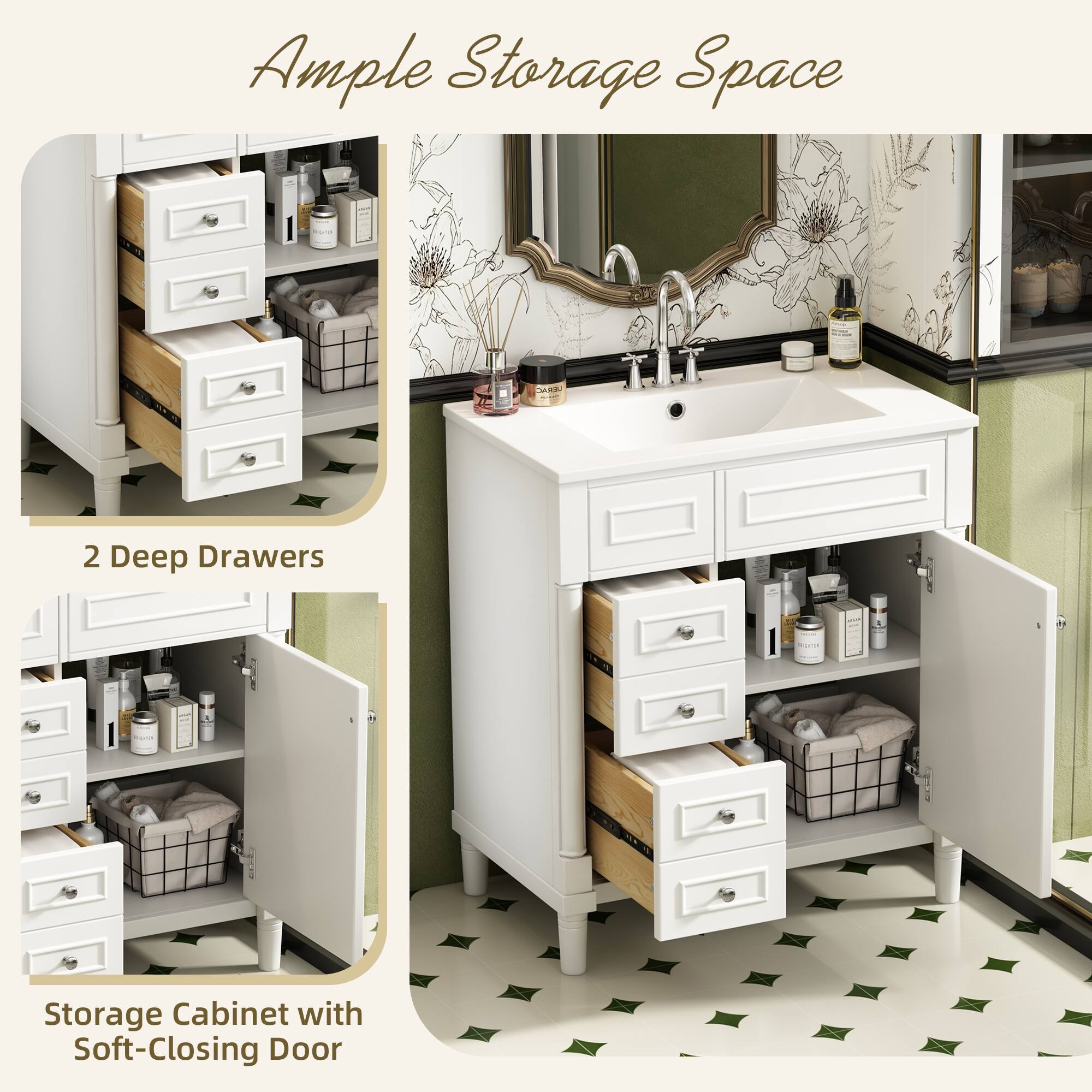 Ample Storage Space

2 Deep Drawers

Storage Cabinet with Soft-Closing Door