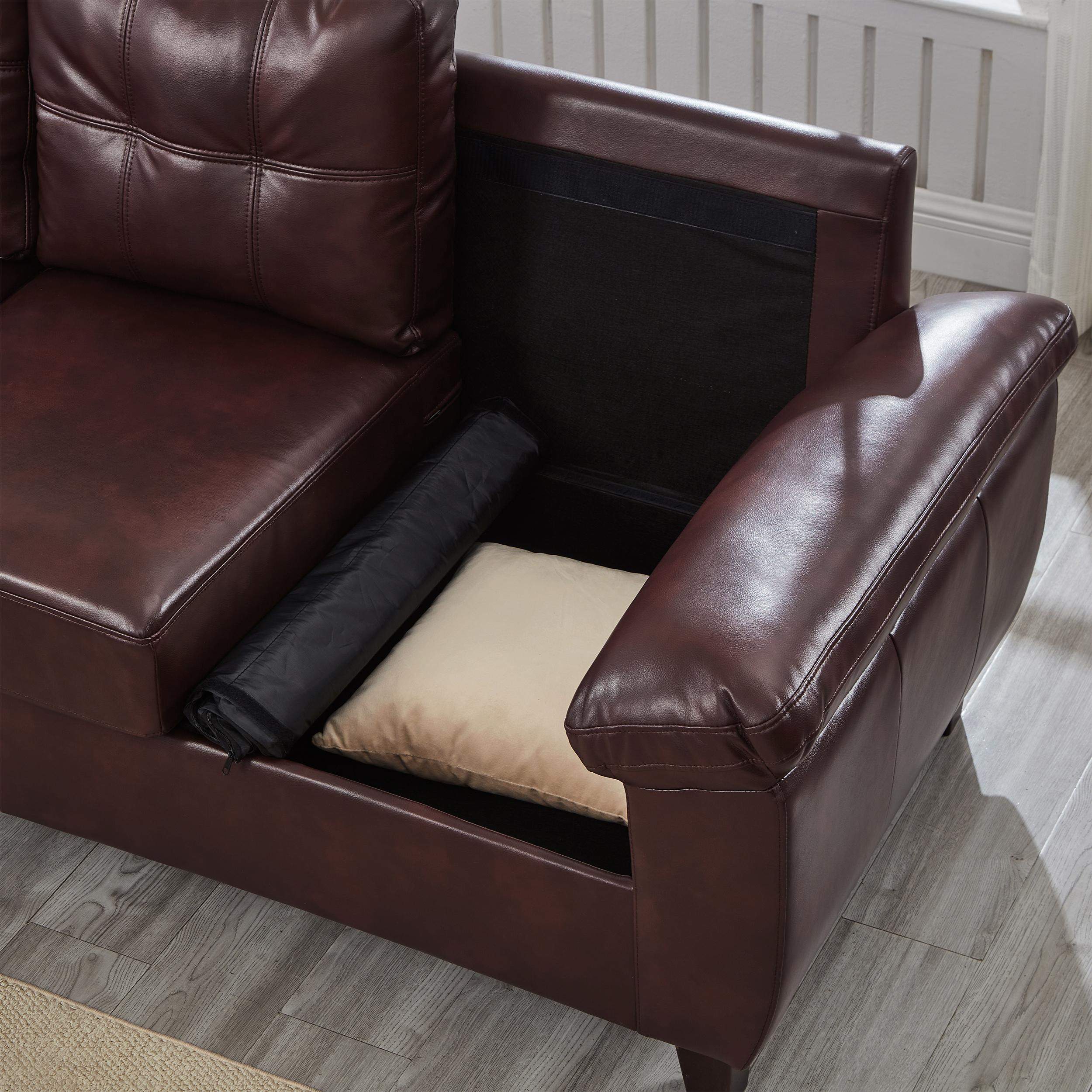 Angle. Roomtec - 79 inch Three Seater Sofa Modern Design Faux Leather CouchLiving Room Sofa with StorageBig Armrest SofaUpholstered - Burgundy.