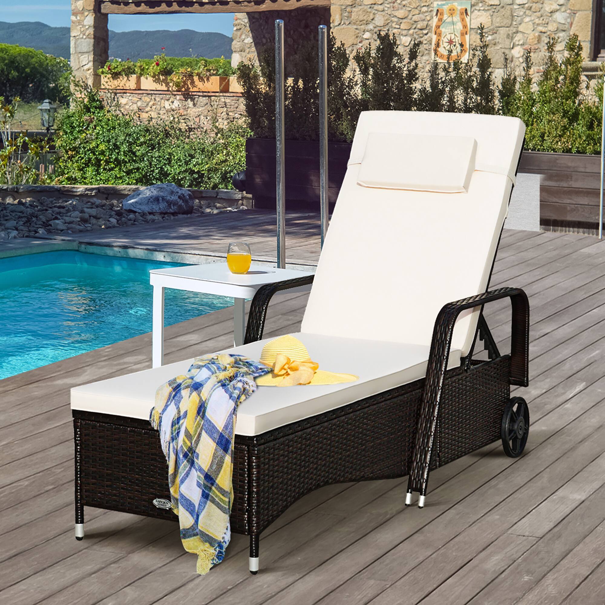 Alt View 1. Costway - Patio Rattan Lounge Chair Chaise Adjustable Recliner Cushioned Sofa Garden - White.