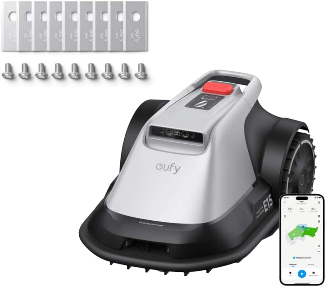 eufy - E15 Robot Lawn Mower,Max 0.2 Acres,Wireless Robot Mower with Auto Mapping,Vision Navigation + Official Accessories - Gray