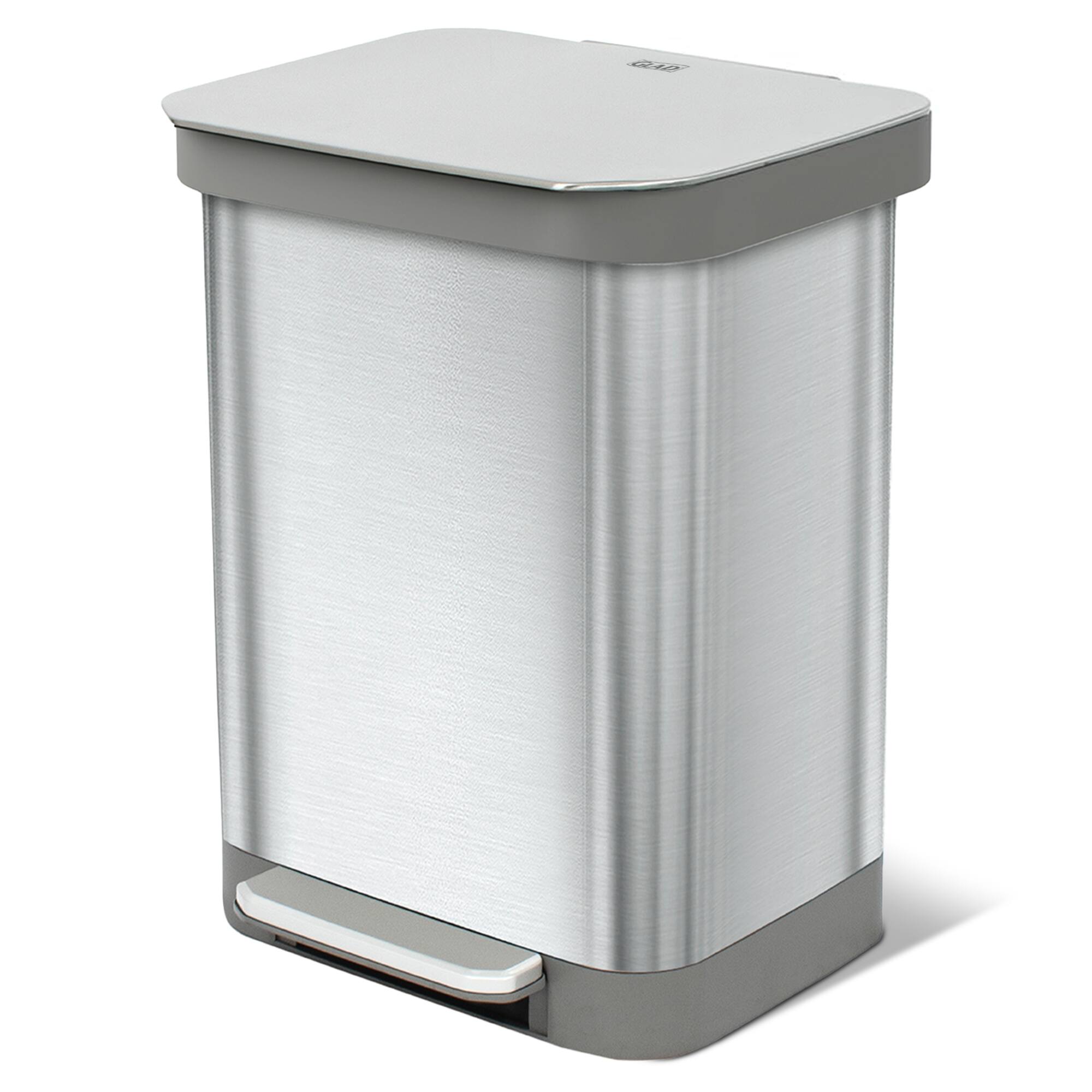 Front. Glad - Glad Step Trash Can, Series 2 Soft Close Bin with Odor Protection, 13 Gal, Metal - All Stainless.
