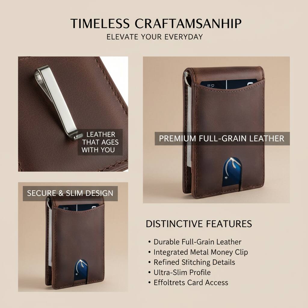 TIMELESS CRAFTSMANSHIP  
ELEVATE YOUR EVERYDAY  

LEATHER THAT AGES WITH YOU  

PREMIUM FULL-GRAIN LEATHER  

SECURE & SLIM DESIGN  

DISTINCTIVE FEATURES  
- Durable Full-Grain Leather  
- Integrated Metal Money Clip  
- Refined Stitching Details  
- Ultra-Slim Profile  
- Effoltrets Card Access