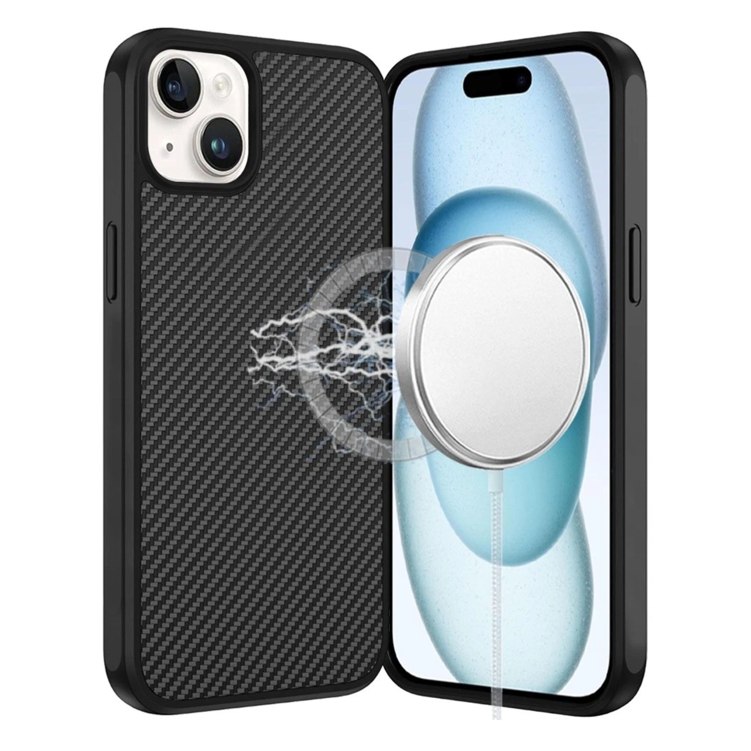 Kitcheniva - Carbon Fiber Print Hidden Magnetic Circle Phone Case With 2 Pcs Tempered Glass For iPhone 15 - Black price history on PriceWatchPro