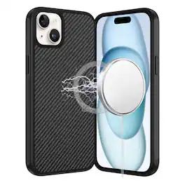 Kitcheniva - Carbon Fiber Print Hidden Magnetic Circle Phone Case With 2 Pcs Tempered Glass For iPhone 15 - Black