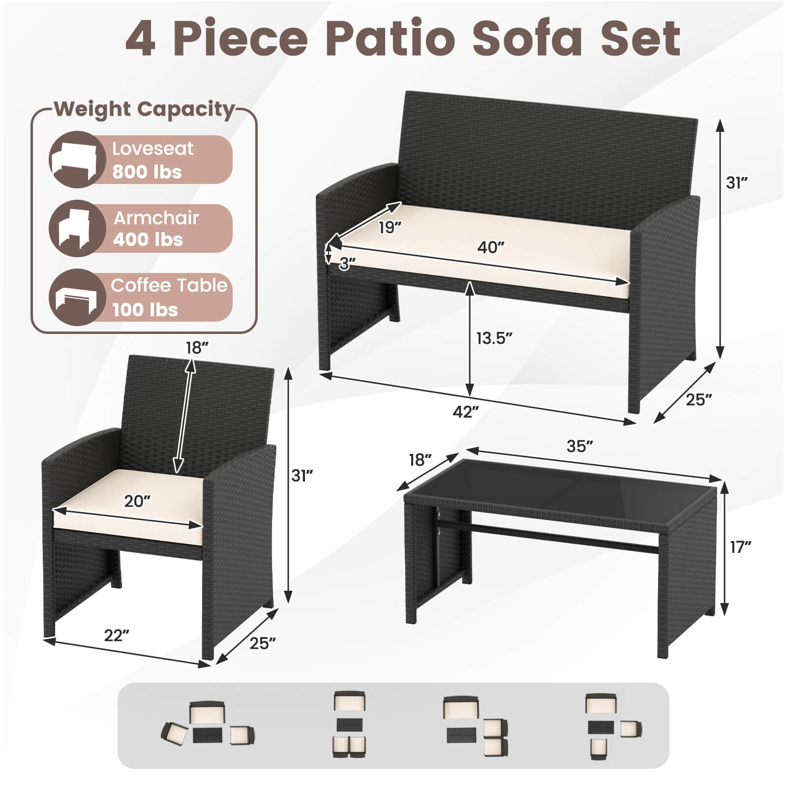 Alt View 2. Costway - Costway 4 PCS Patio Conversation Set with Seat Cushions & Tempered Glass Tabletop, Porch - White+Black.