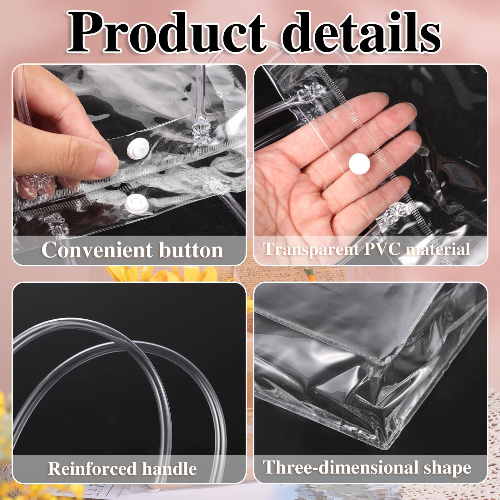 Product details

- Convenient button
- Transparent PVC material
- Reinforced handle
- Three-dimensional shape