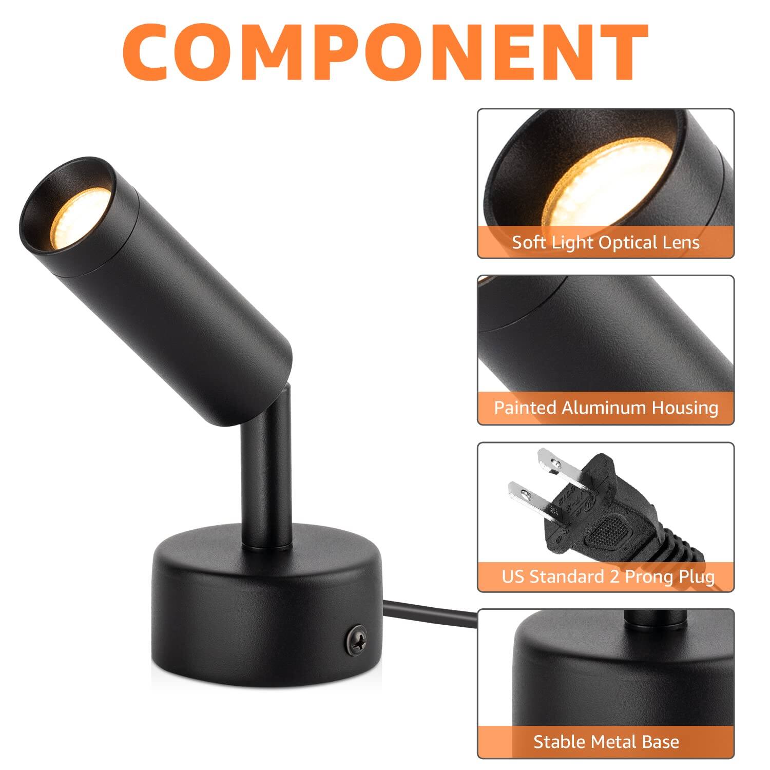 COMPONENT

- Soft Light Optical Lens
- Painted Aluminum Housing
- US Standard 2 Prong Plug
- Stable Metal Base