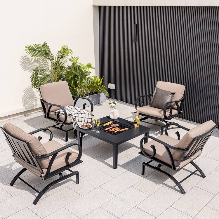 Front. Mondawe - 5-Piece Patio Rocking Chair Set w/ 4-in-1 Fire Pit Table, Outdoor Heated Seating with Cushions & Poker - Brown.