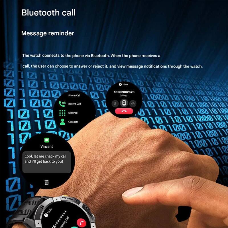 Bluetooth call  
Message reminder  

The watch connects to the phone via Bluetooth. When the phone receives a call, the user can choose to answer or reject it, and view message notifications through the watch.  

Phone Call  
Recent Call  
Dial Pad  
Contacts  

Vincent  
Cool, let me check my call and I'll get back to you!  

18562002328  
Calling...  

POWER  
10:09  
Call 8* coming