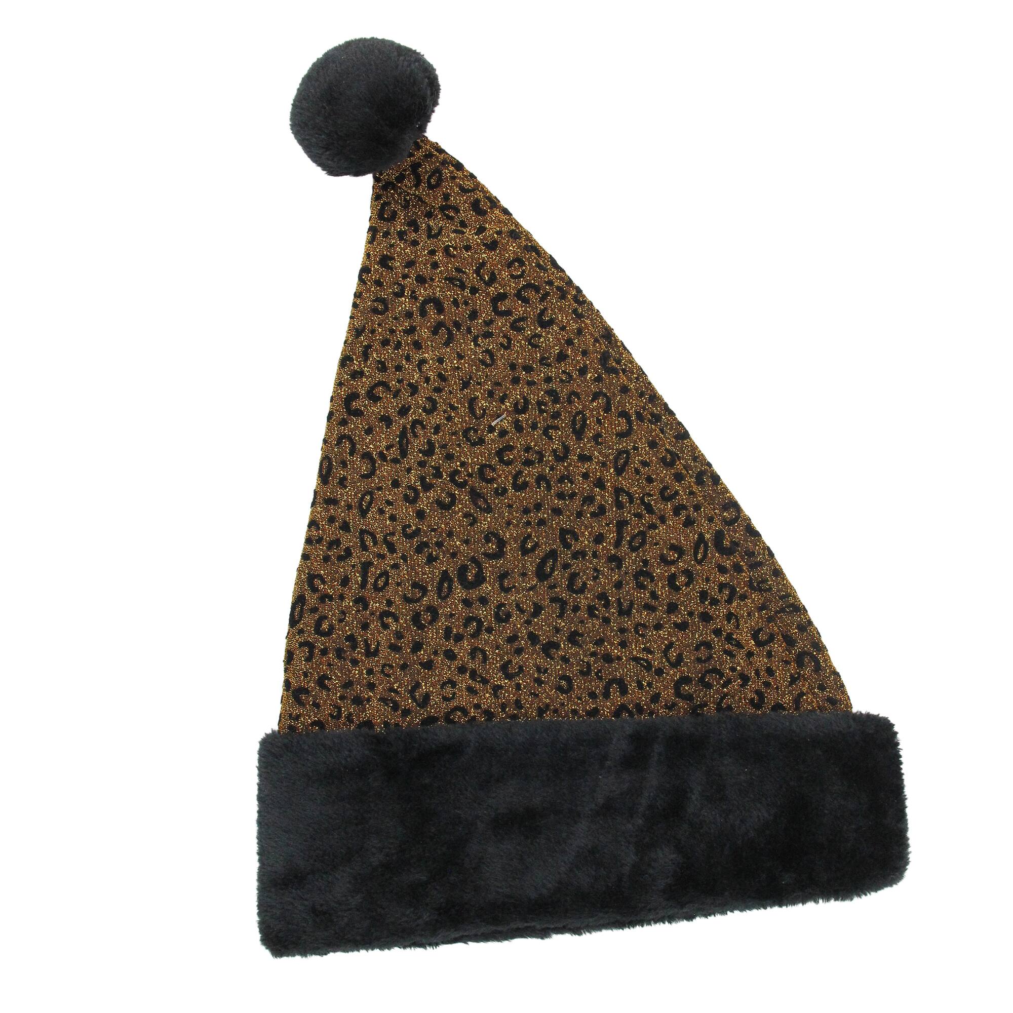 Front. St. Nick's Choice - Brown and Black Metallic Leopard Santa Hat Unisex Adult Christmas Costume Accessory - One Size - Brown.
