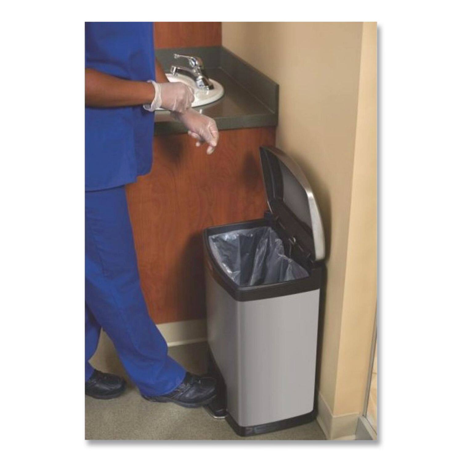 Back. RubberMaid - Slim Jim Stainless Steel Step-On Container, Front Step Style, 4 gal, Stainless Steel, Black.