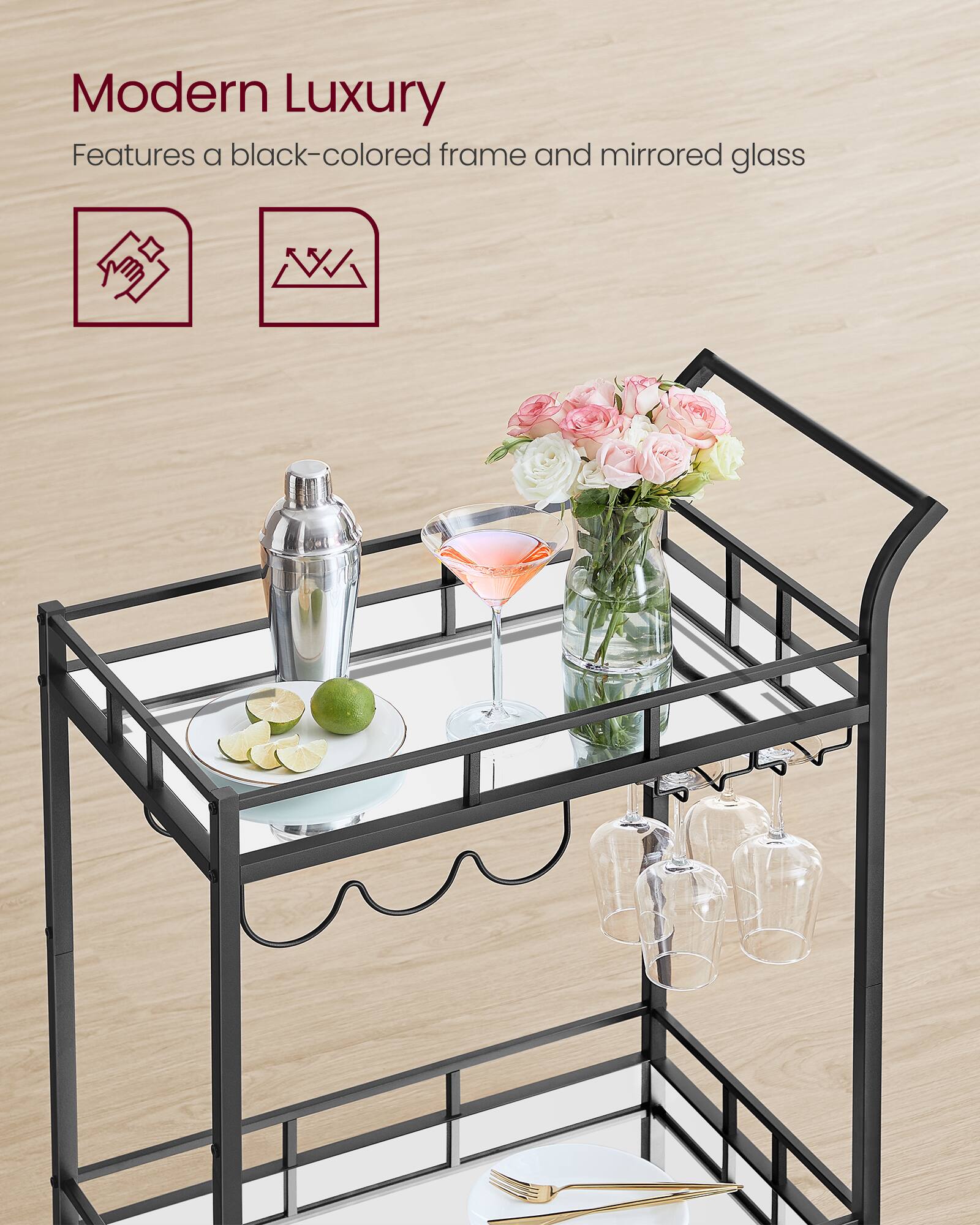 Modern Luxury  
Features a black-colored frame and mirrored glass