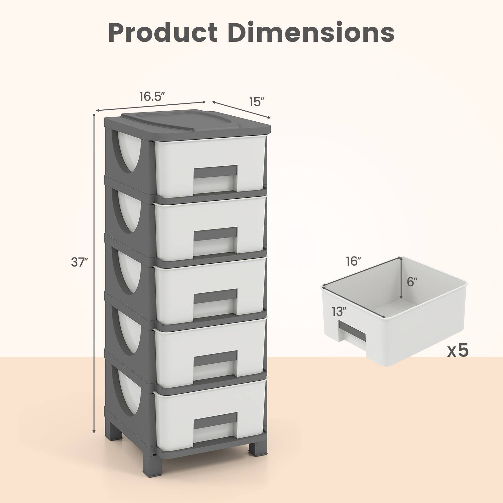 Product Dimensions

- Height: 37"
- Width: 16.5"
- Depth: 15"
- Drawer Dimensions: 16" x 13" x 6" (x5)