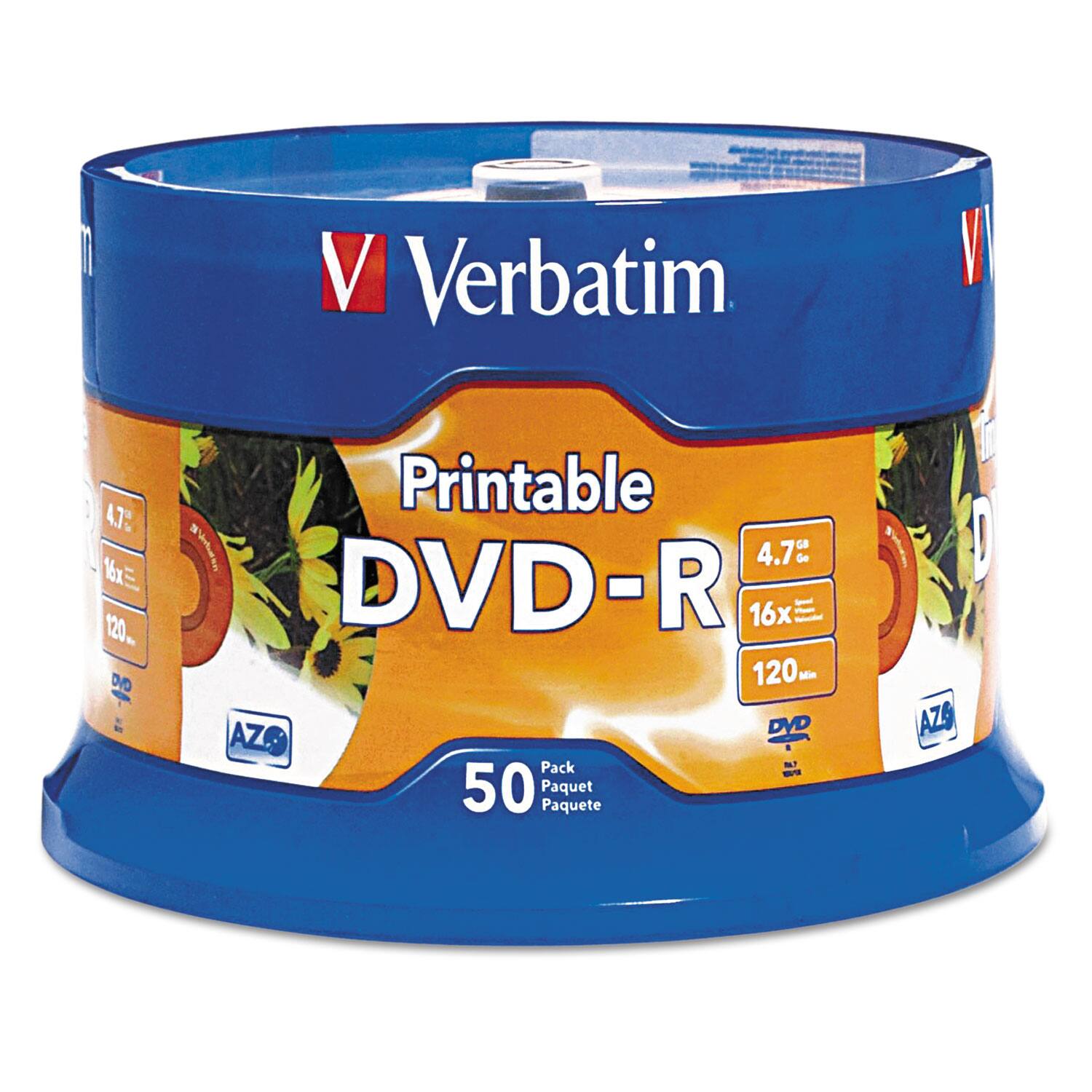 Verbatim  
Printable DVD-R  
4.7 GB  
16x  
120 min  
50 Pack  
DVD  
AZO