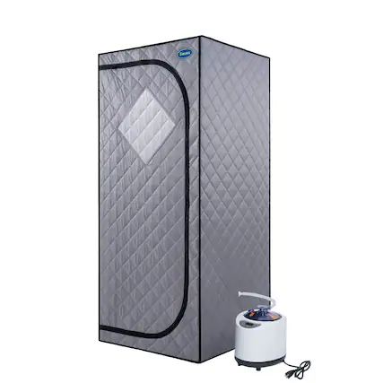 Front. Glintex - Full Size Portable Steam Sauna tent,Steam Generator, Remote Control, Foldable Chair, Timer and PVC Pipe Connector - Grey.