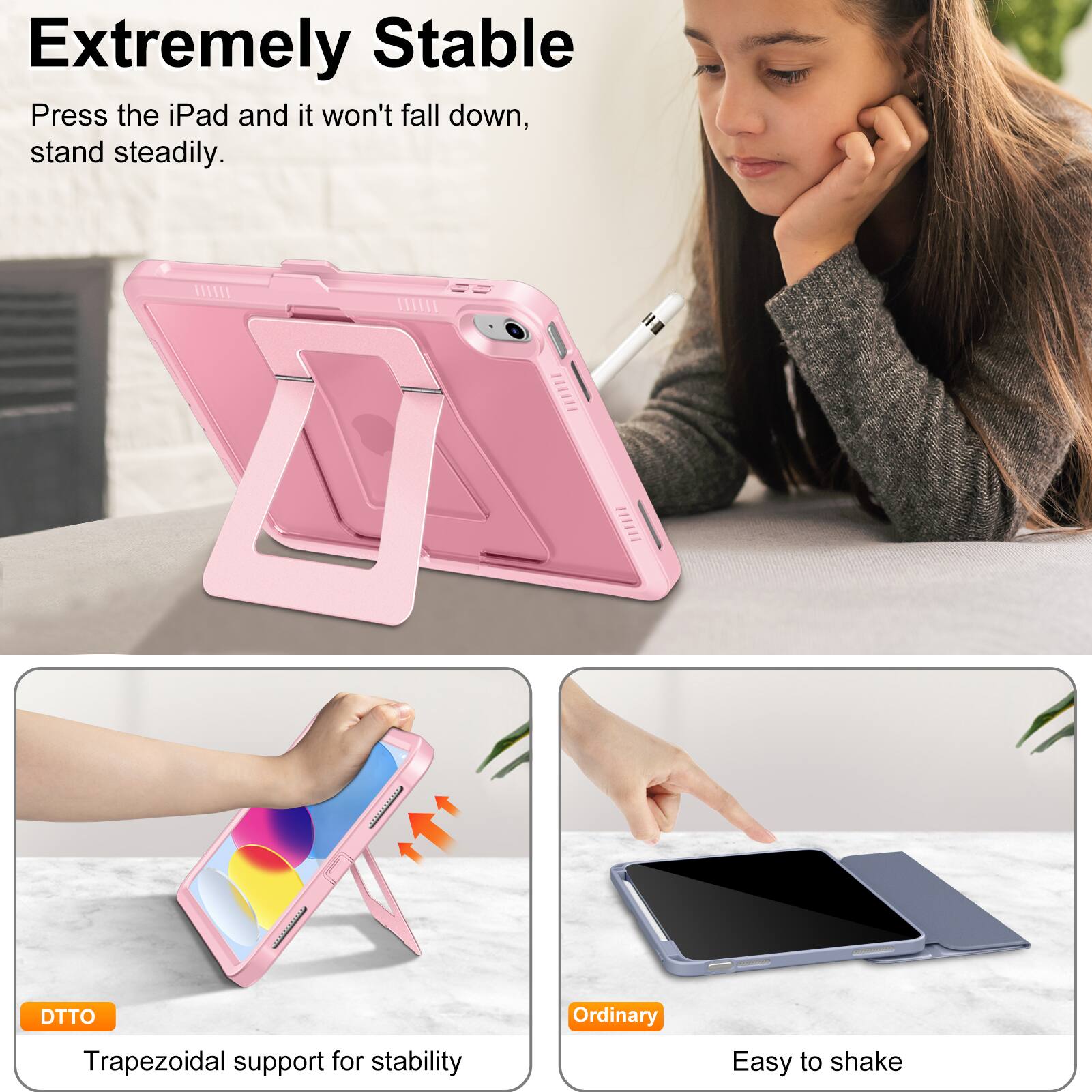 Extremely Stable  
Press the iPad and it won't fall down, stand steadily.  

WeTEE S W I I DTTO  
Trapezoidal support for stability  
Ordinary  
Easy to shake