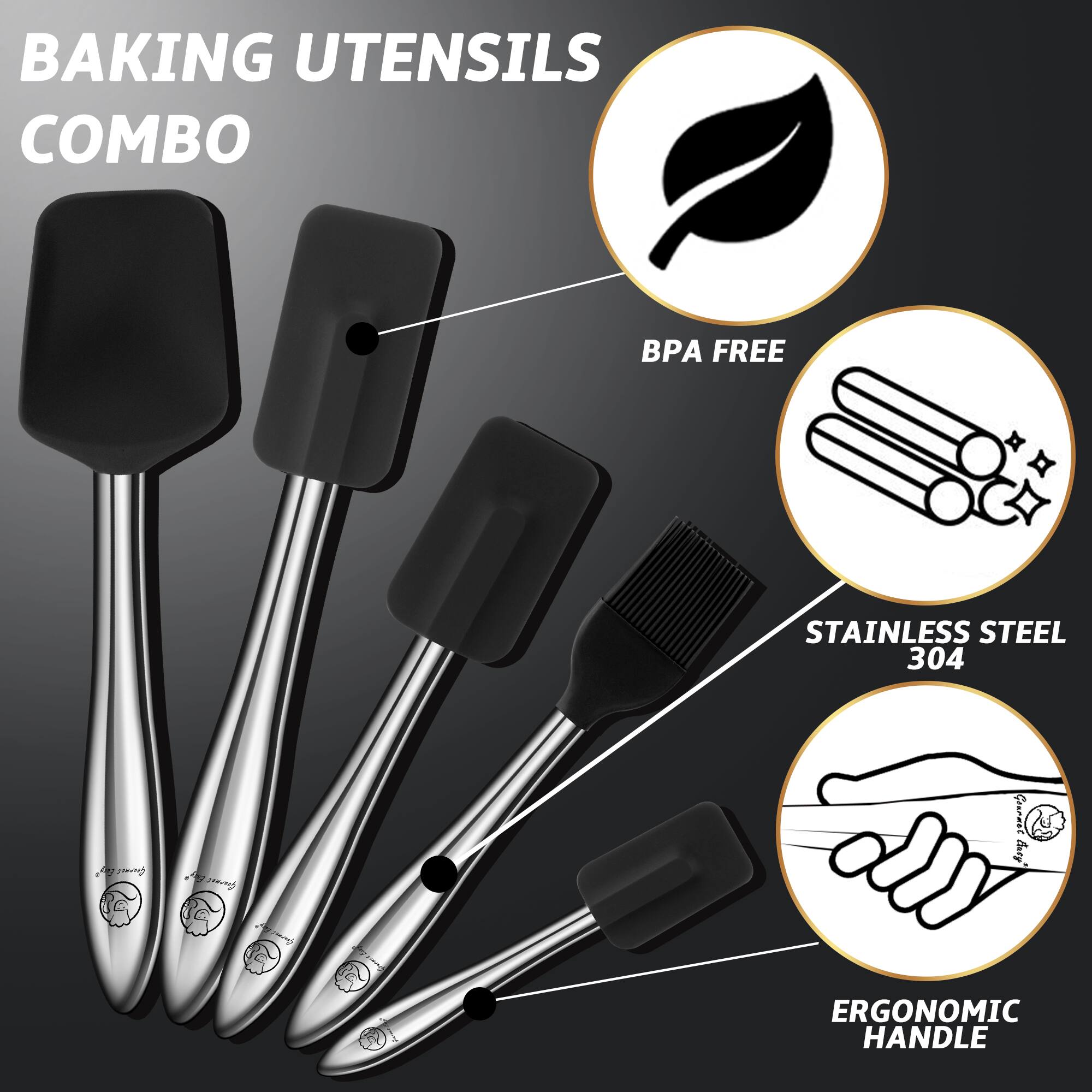 Left. Gourmet Easy - 5pcs Silicone Spatula Set with Stainless Steel Handle, Spatulas for Cooking & Baking with Spoonula & Brush - Black.