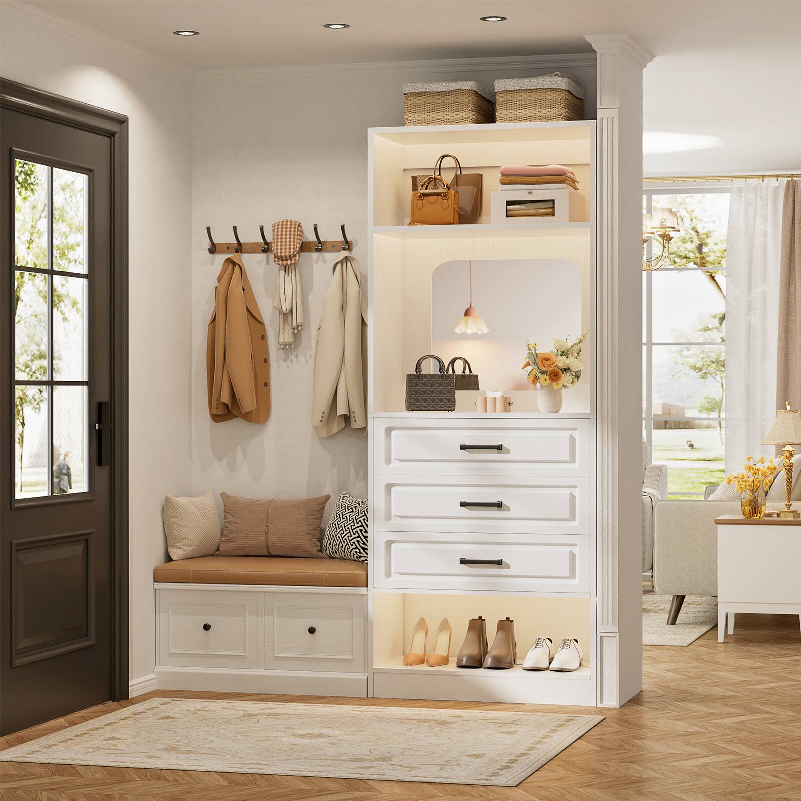 Left. Aheaplus - 25'' Freestanding Wardrobe Closet Tower with 3 Drawers and Mirror, Storage Unit for Closet/Bedroom - White.