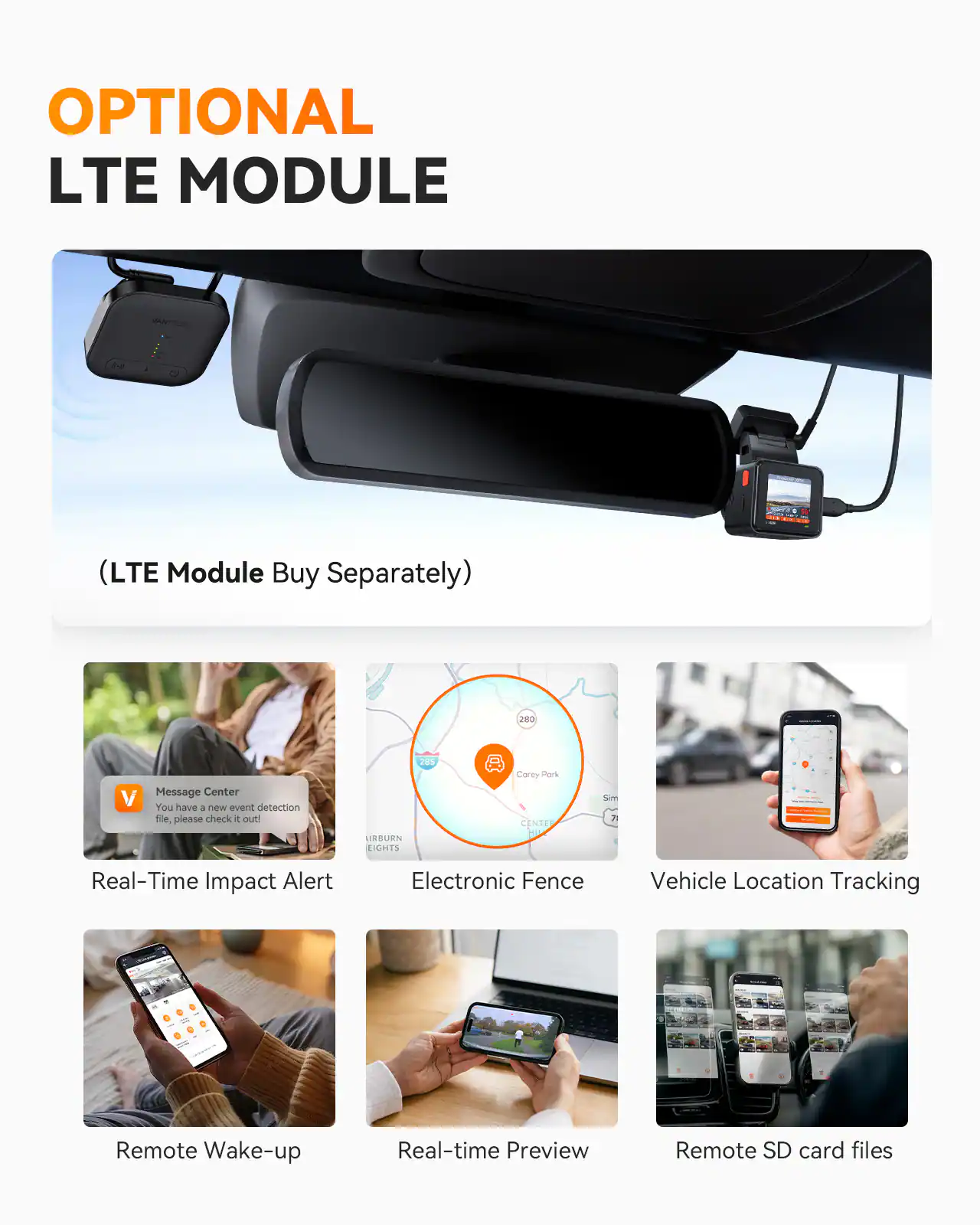 OPTIONAL LTE MODULE  
(LTE Module Buy Separately)  

280 Message Center  
You have 4 new event detection file, please check it out  

URBURN HEIGHTS  
COREY PARK  
CENTRE  

Real-Time Impact Alert  
Electronic Fence  
Vehicle Location Tracking  
Remote Wake-up  
Real-time Preview  
Remote SD card files