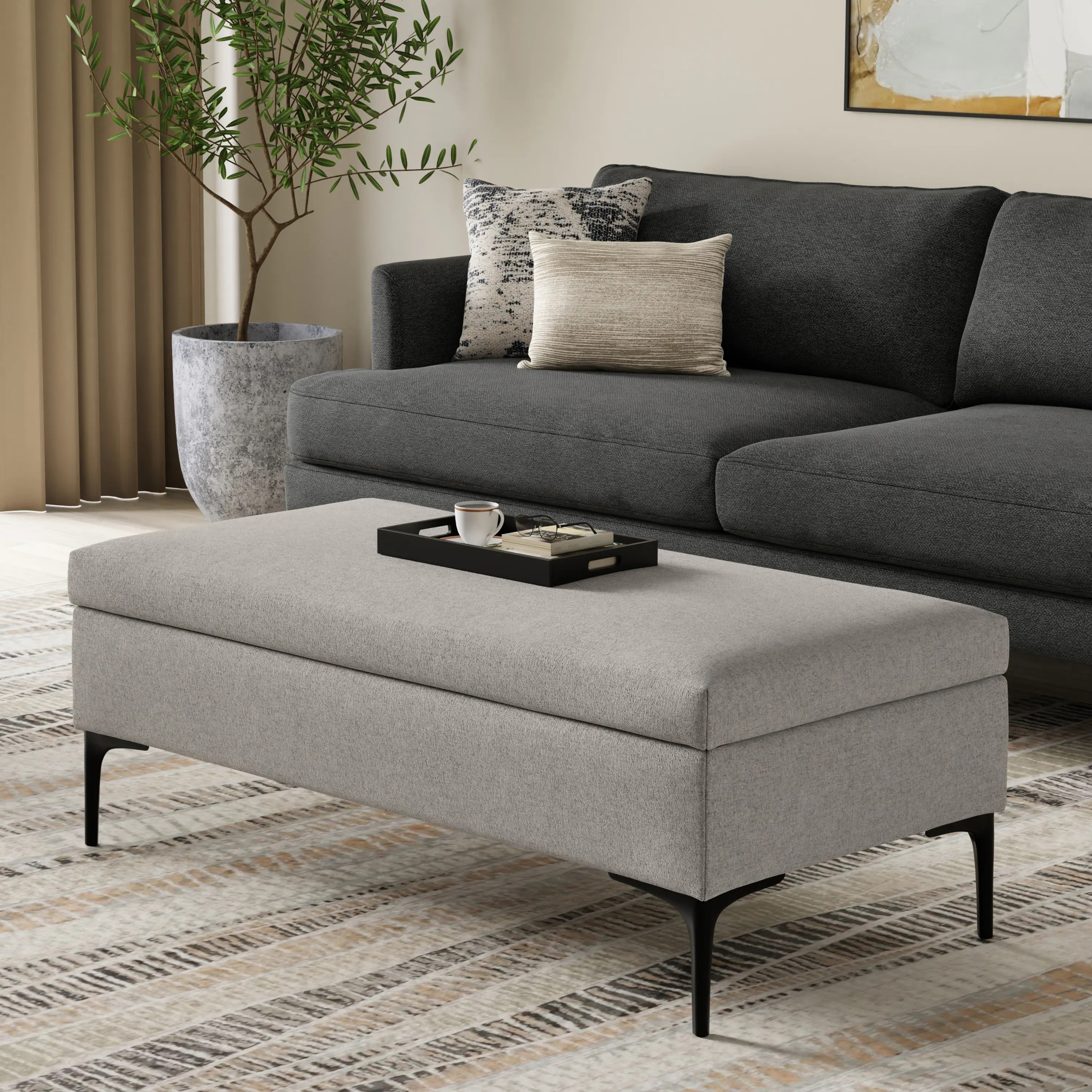 Angle. Simpli Home - Rebecca 48 inch Wide Mid Century Modern Coffee Table Storage Ottoman with Lift up Lid in Cloud Grey Polyester, Assembled - Cloud Grey.