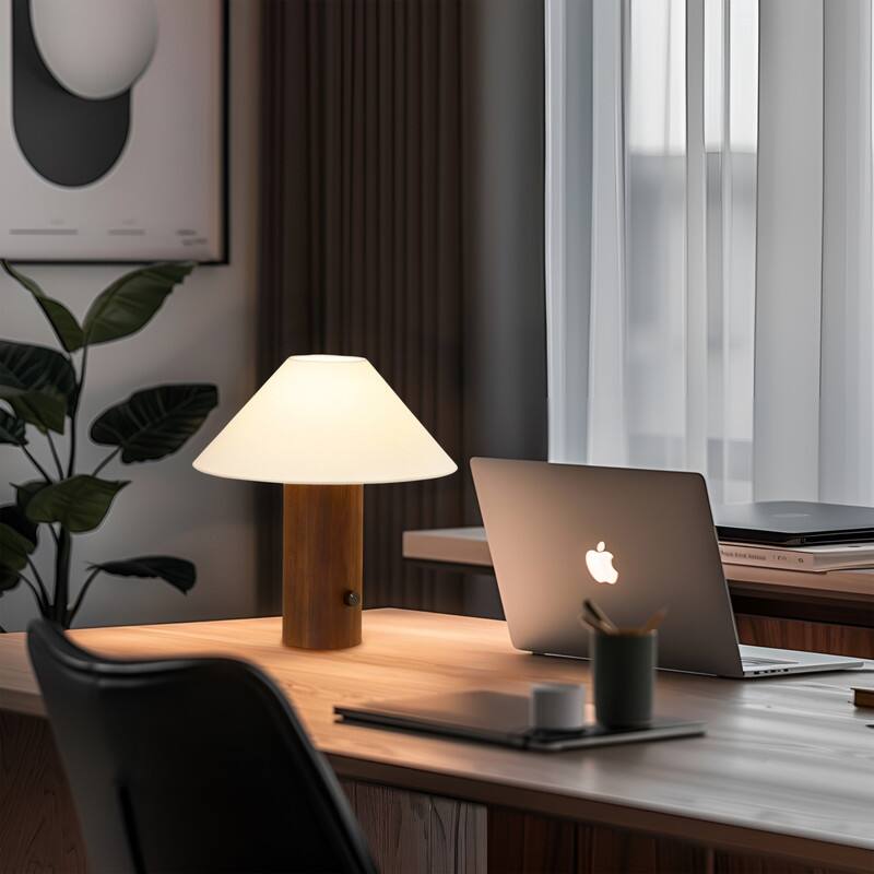 Alt View 4. Brightech - Oakley LED Midcentury Modern Dimmable Bedside Nightstand Desk Lamp - Walnut Brown Wood.